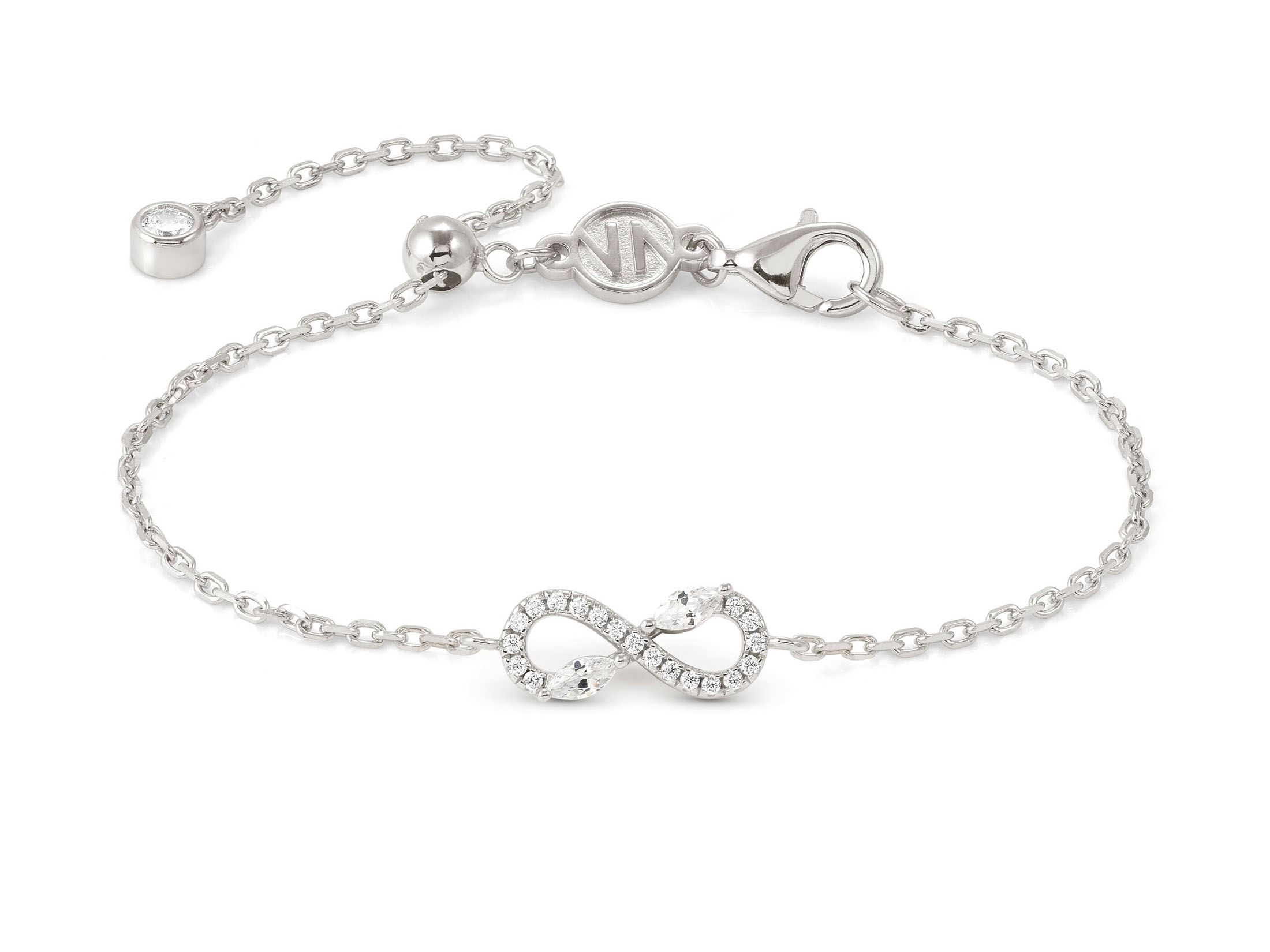 Das Armband aus Sterling Silber zeigt ein elegantes Design mit einem Infinity-Symbol, verziert mit Zirkonia. Es hat eine Länge von 44 cm und einen sicheren Verschluss.