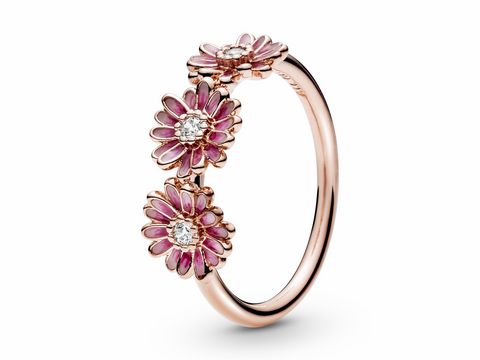 188792058-0 Pandora ROSE Ring mit drei blühenden Blumen aus Emaille in Rosa und funkelnden Zirkonia, Größe 58, von Pandora, elegant und feminin.