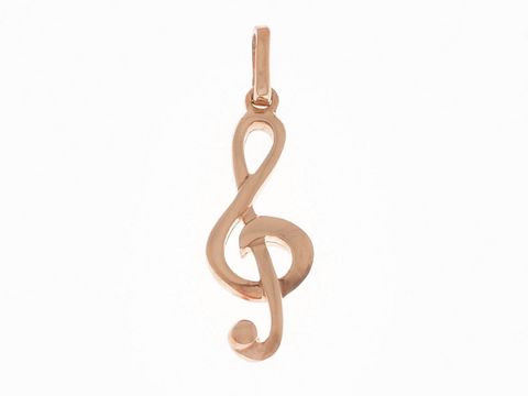 Notenschlüssel aus rosé vergoldetem Sterlingsilber als Anhänger, ideal für Musikliebhaber, hergestellt von Juwelier Harnisch. Elegantes und stilvolles Schmuckstück.