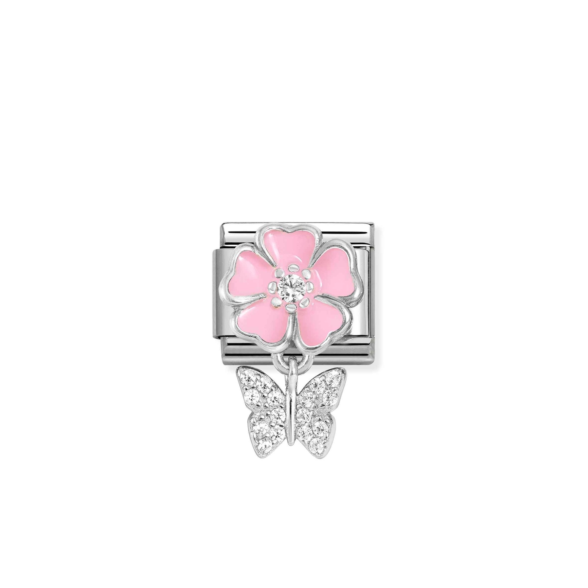 Nomination Composable Classic Charm Blume rosa Schmetterling - Edelstahl, Sterling Silber, Emaille
