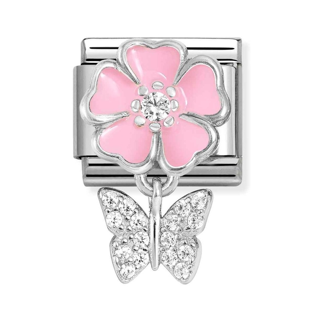 Nomination Composable Classic Charm Blume rosa Schmetterling - Edelstahl, Sterling Silber, Emaille