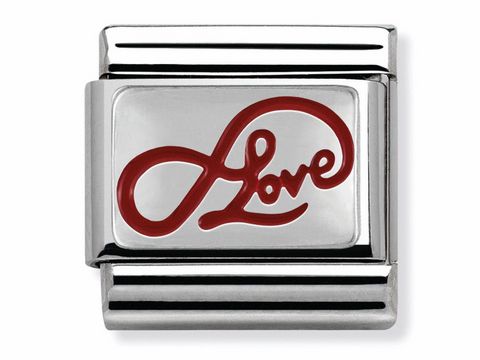 NOMINATION CLASSIC rote Email Sterling Silber - Aufschrift Love - ein eleganter Charms, der die Worte Love in roter Farbe auf Silber präsentiert und eine zeitlose Botschaft der Zuneigung verkörpert.