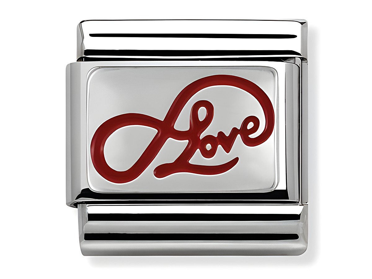 NOMINATION CLASSIC rote Email Sterling Silber - Aufschrift Love - ein eleganter Charms, der die Worte Love in roter Farbe auf Silber präsentiert und eine zeitlose Botschaft der Zuneigung verkörpert.