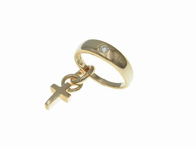 Taufring mit Kreuz aus Sterling Silber, poliert und vergoldet in Roségold, besetzt mit Zirkonia, Hersteller Juwelier Harnisch, aus Silber mit Anhänger.