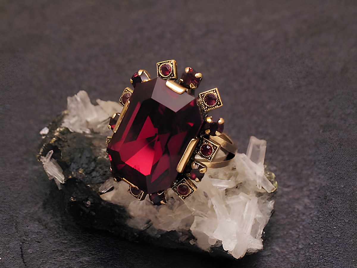 Modeschmuck Ring mit Granat Imitation in der Mitte, umgeben von Strasssteinen, auf einem unstrukturierten Untergrund aus Kristallen, Hersteller Juwelier Harnisch, City Ringe.