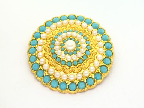 60348-0 Damen Brosche rund in Türkis, neu im Retro-Stil mit goldenen und weißen Perlen, Hersteller Juwelier Harnisch, Broschen im Türkis-Look.