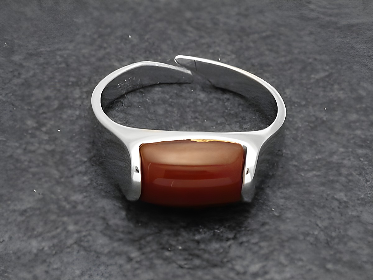Silberring rho schlicht in verstellbarer Größe mit Karneol, Hersteller Juwelier Harnisch, rhodiniert, präsentiert einen eleganten Look mit einem mittig sitzenden Stein.