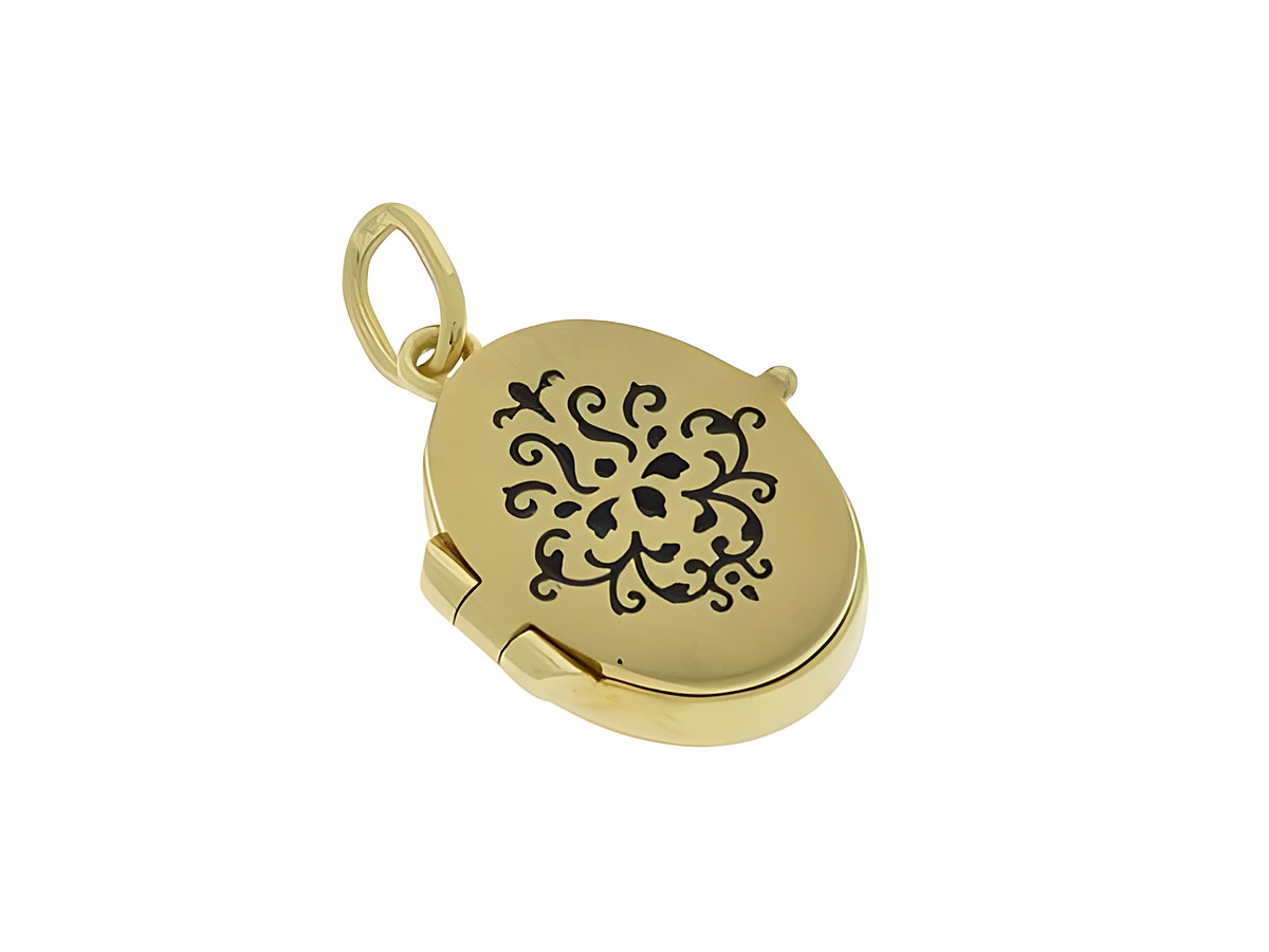 Silber Medaillon oval floral vergoldet mattiert Lack, Hersteller Juwelier Harnisch, vergoldet in Gelbgold, mit filigranem Blumendesign auf der Oberfläche.