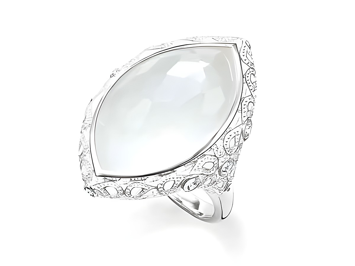 Ring von Thomas Sabo in Silber mit Milky Quarz und Zirkonia, Größe 56, ausgefallenes Design mit facettiertem Stein und dekorativen Details im Ringband.