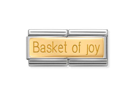 403071019-0 NOMINATION Classic - Gold 030710 19 - Basket of joy, ein elegantes Charm mit einer goldfarbenen Oberfläche, die den Schriftzug Basket of joy in stilvoller Schrift zeigt, umrahmt von silberfarbenen Elementen.