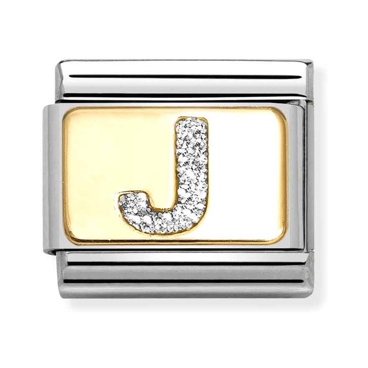 Nomination Composable Classic Charm Buchstabe J Silberglitzer - Edelstahl, Gold 750, Emaille