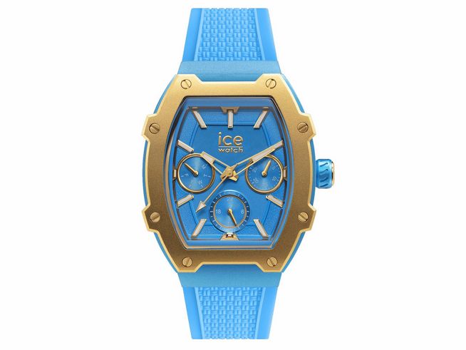 50441482-0 ICE boliday Uhr in hellblau mit goldenen Akzenten, sportliches Design, runde Ziffernblatt, drei kleinere Ziffernblätter, flexible Gummiband, Modellnummer 023290, Hersteller Ice Watch.