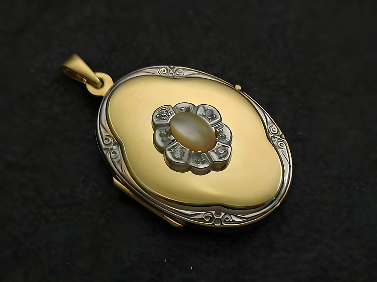 Perlmutt natur Medaillon Cabochon Gold 585 bicolor mit Brillanten, Hersteller Juwelier Harnisch, Gelbgold 585, elegantes Design mit geschmackvoller Blütenapplikation.