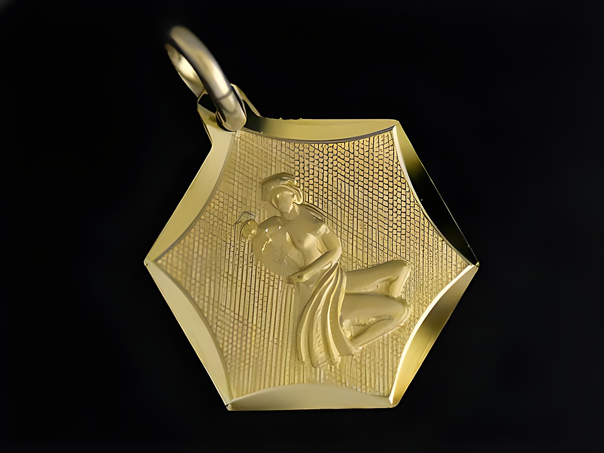 Runder und eckiger Gold Anhänger 333 mit dem Sternzeichen Jungfrau, gefertigt vom Juwelier Harnisch, zeigt das Symbol der Jungfrau in detailreicher Gestaltung.