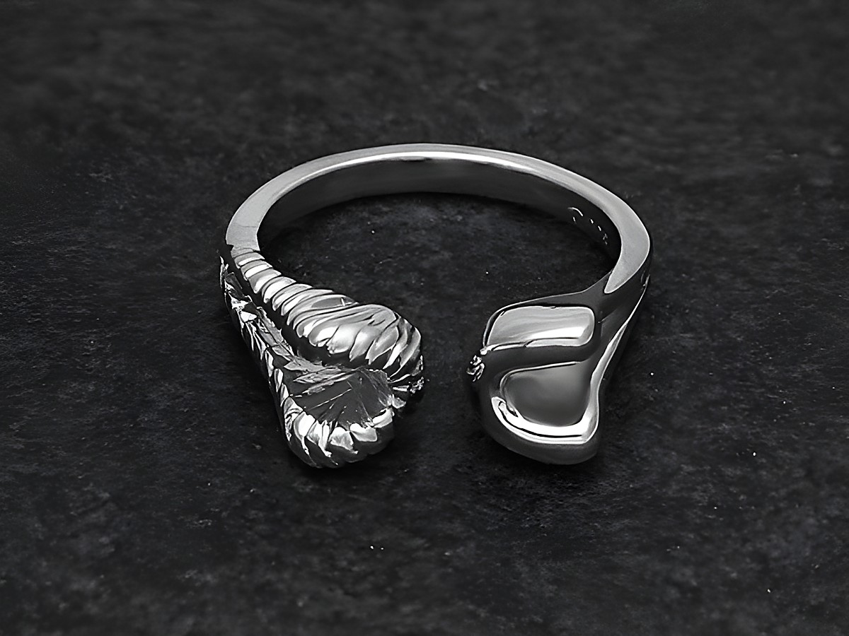 Silberring rho mit reizvollem Design in wenig verstellbarer Größe, hergestellt von Juwelier Harnisch, rhodiniert und ohne Stein.