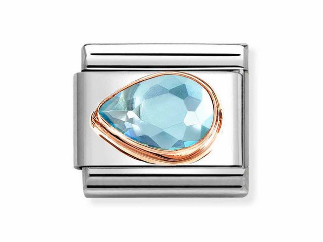 Der Namensanhänger von Nomination in Hellblau zeigt einen Tropfen aus Zirkonia, umrahmt von Roségold und Edelstahl, der elegant und modern wirkt.
