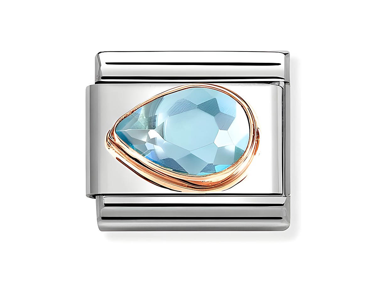 Der Namensanhänger von Nomination in Hellblau zeigt einen Tropfen aus Zirkonia, umrahmt von Roségold und Edelstahl, der elegant und modern wirkt.