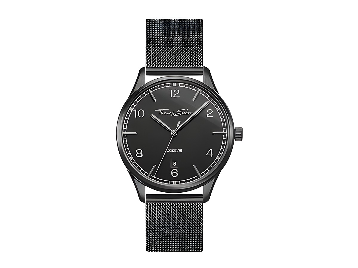 Thomas Sabo Damenuhr WA0362-202-203 mit schwarzem Ziffernblatt, eleganter silberner Mesh-Armband und edlem Design, ideal für modebewusste Frauen.