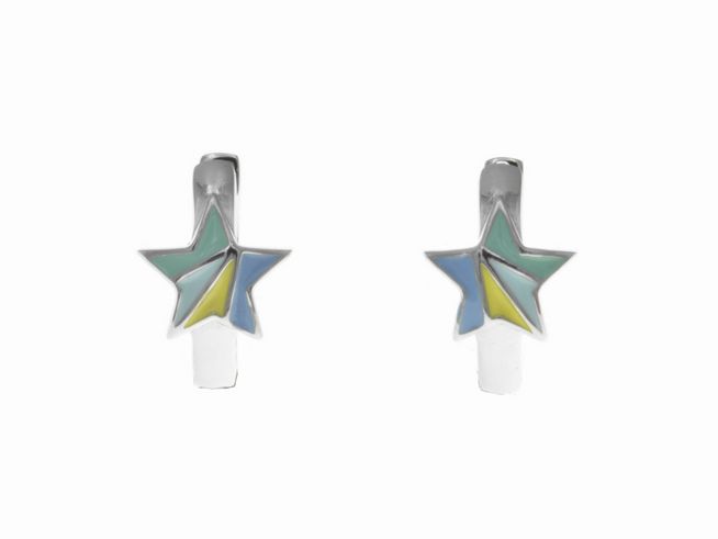 Creolen aus Sterlingsilber in Sternform, poliert und rhodiniert, mit lackiertem Design in Türkis, Blassblau, Gelb und Hellblau, geeignet für Kinder, hergestellt von Juwelier Harnisch.