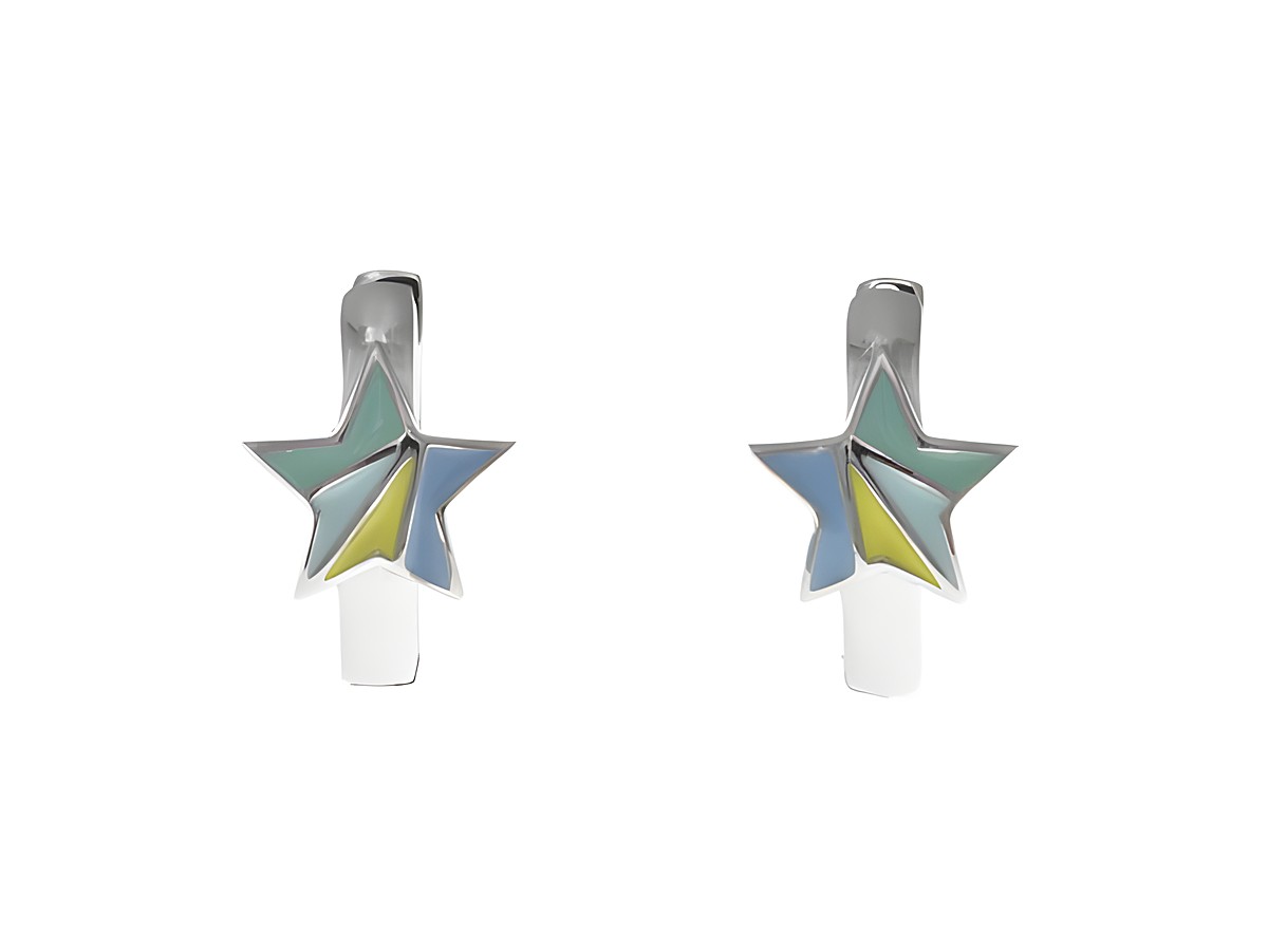 Creolen aus Sterlingsilber in Sternform, poliert und rhodiniert, mit lackiertem Design in Türkis, Blassblau, Gelb und Hellblau, geeignet für Kinder, hergestellt von Juwelier Harnisch.