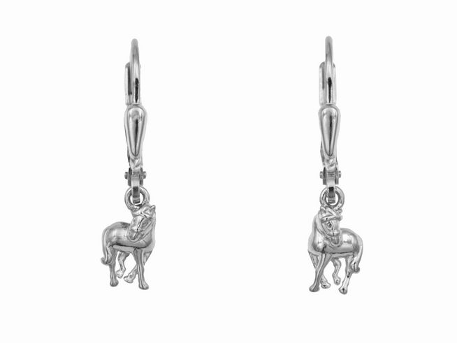 Ohrringe Ohrhänger Pferd aus Sterling Silber rhodiniert, designed für Kinder, mit detailgetreuen Pferdeanhängern, glänzende Oberfläche und sichere Verschlüsse von Juwelier Harnisch.