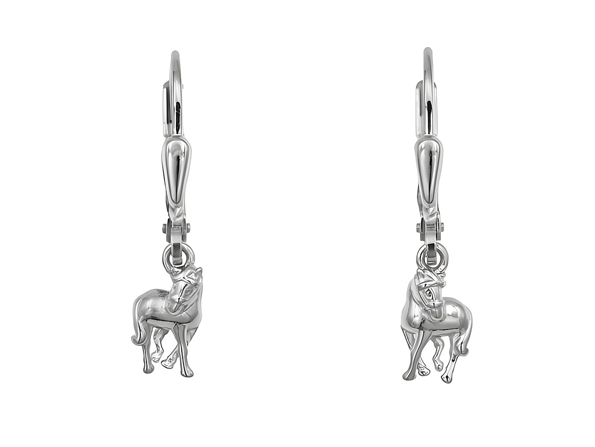 Ohrringe Ohrhänger Pferd aus Sterling Silber rhodiniert, designed für Kinder, mit detailgetreuen Pferdeanhängern, glänzende Oberfläche und sichere Verschlüsse von Juwelier Harnisch.