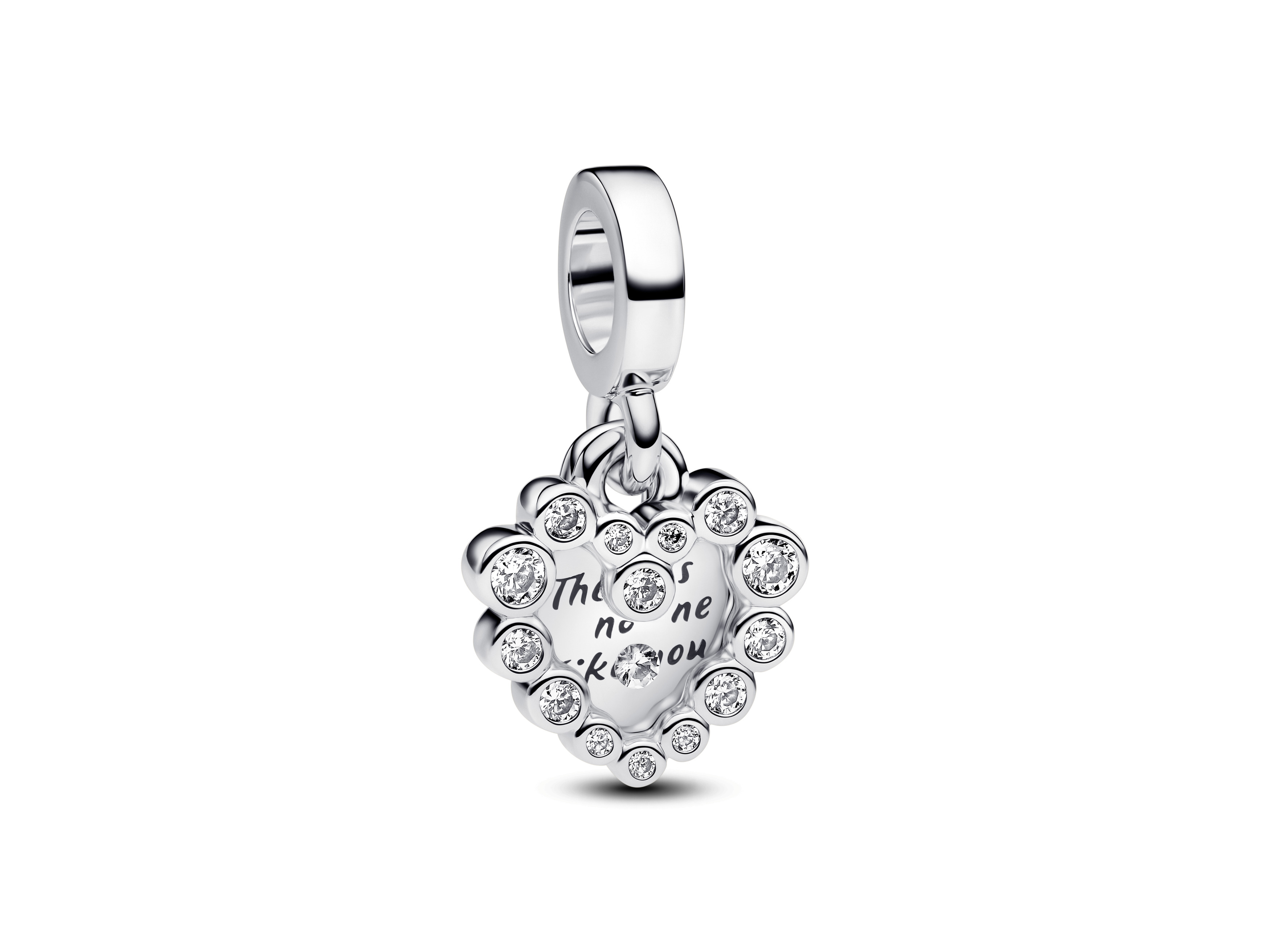 Pandora 793765C01 Charm in Herzform aus Sterling Silber mit Emaille und Zirkonia, geprägt mit dem Text "There is no one like you", ideal für besondere Anlässe oder als Geschenk.