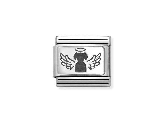 433011146-0 Ein geflügelter Hund mit einem Heiligenschein ist auf einem silbernen und edelstahlfarbenen Charm zu sehen. Das Design ist schlicht und ansprechend. Ideal für persönliche Schmuckstücke.
