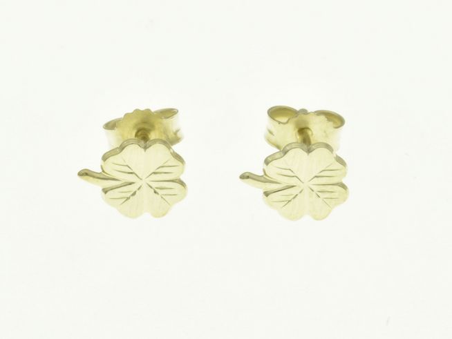 Kleeblatt Glücksbringer Ohrstecker aus Sterling Silber bicolor in Gelbgold, ideal für Kinder. Hersteller Juwelier Harnisch, symbolisiert Glück und Freude.