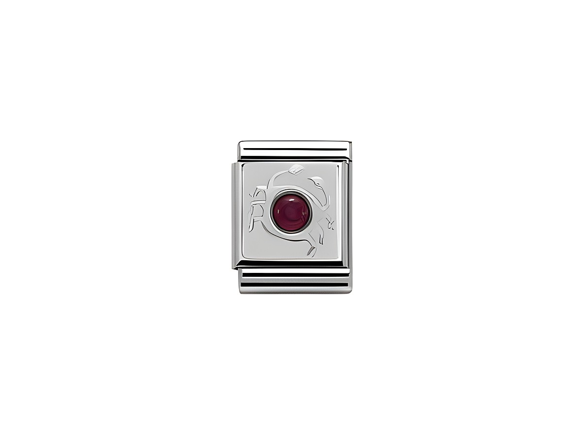 Silberner Nomination BIG Charm mit dem Sternzeichen Krebs und einem roten Stein in der Mitte, gefertigt aus hochwertigem Sterling Silber, Modellnummer 332501 04.