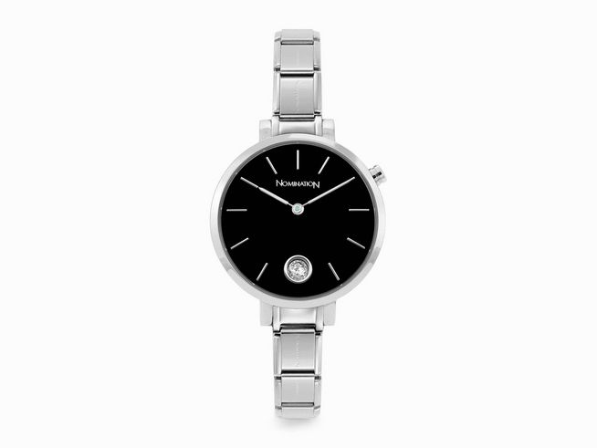 Die Nomination Classic 076033 12 TIME PARIS Uhr präsentiert ein elegantes schwarzes Ziffernblatt mit filigranen Zeigern und einem funkelnden Detail, umrahmt von einem silbernen Armband.
