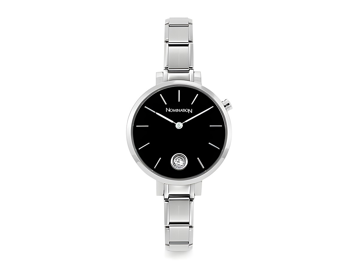 Die Nomination Classic 076033 12 TIME PARIS Uhr präsentiert ein elegantes schwarzes Ziffernblatt mit filigranen Zeigern und einem funkelnden Detail, umrahmt von einem silbernen Armband.