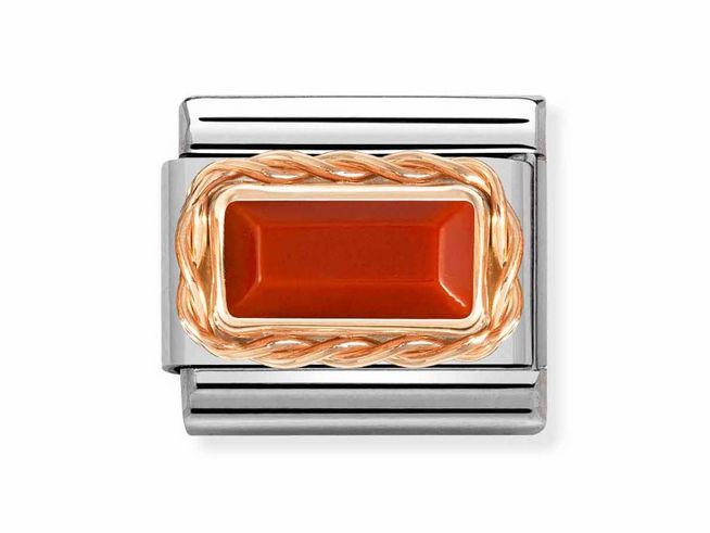 Edelstahl-Brosche von Nomination mit Baguette-Schliff aus roter Koralle in Kordelfassung aus Roségold 375, modern und elegant. Ideal als Schmuckstück für jeden Anlass.