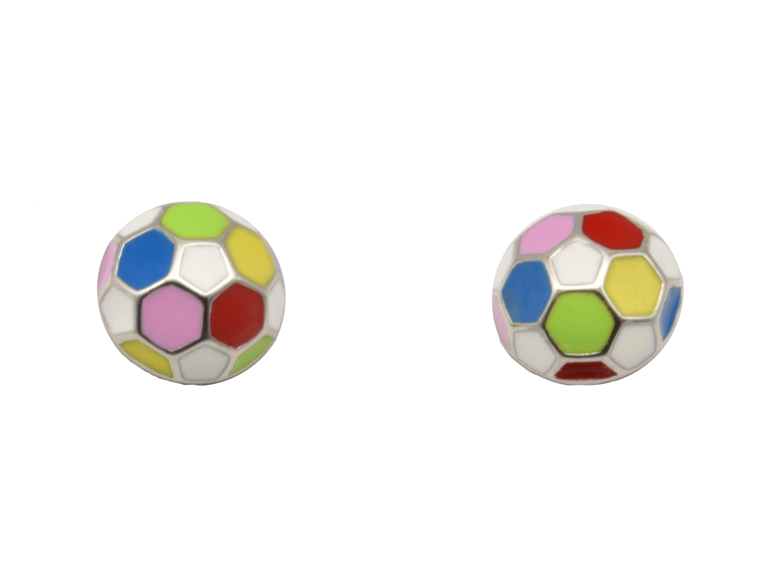 Silber Ohrringe Ohrstecker in Fußball-Form aus rhodiniertem poliertem Sterling Silber mit buntem Lack, ideal für Kinder, hergestellt von Juwelier Harnisch.