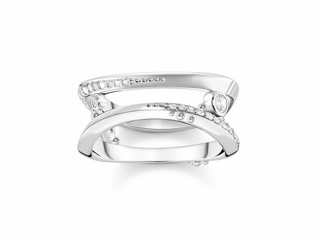 Thomas Sabo Ring TR2382-051-14-56 aus Sterling Silber mit Zirkonia, Größe 56, zeigt ein elegantes Design mit geschwungenen Elementen und funkelnden Akzenten, ideal für stilvolle Anlässe.