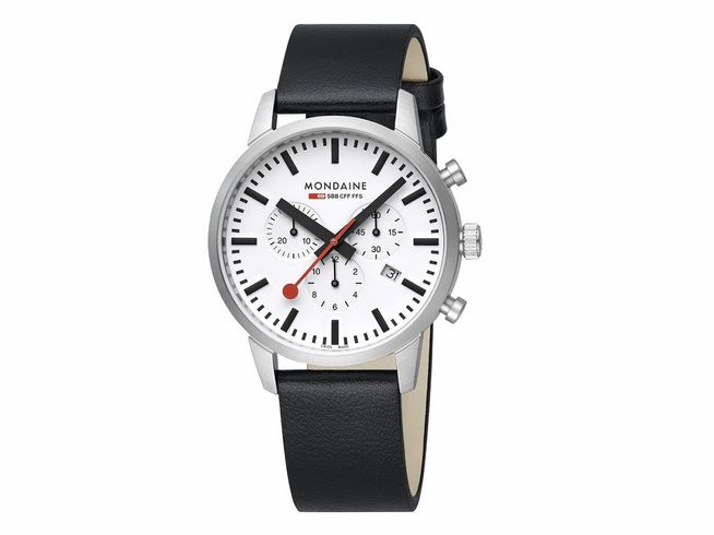 Mondaine Neo MSD.41411.LBV Uhr aus Edelstahl matt mit 41 mm Gehäusegröße, 5 ATM wasserdicht, Chronograph und Datum, schwarzes Lederarmband und weiße Ziffernblattgestaltung.