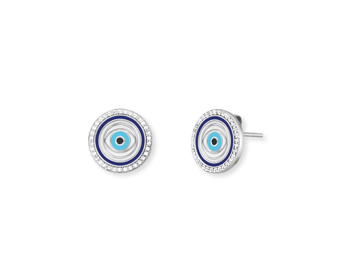 Engelsrufer ERE-EYE-ZIM-ST EYE Ohrstecker Lucky mit Emaille Multicolor und Zirkonia in Silber rhodiniert, Durchmesser 11 mm, dekorativ mit blauem Auge und funkelndem Rand.