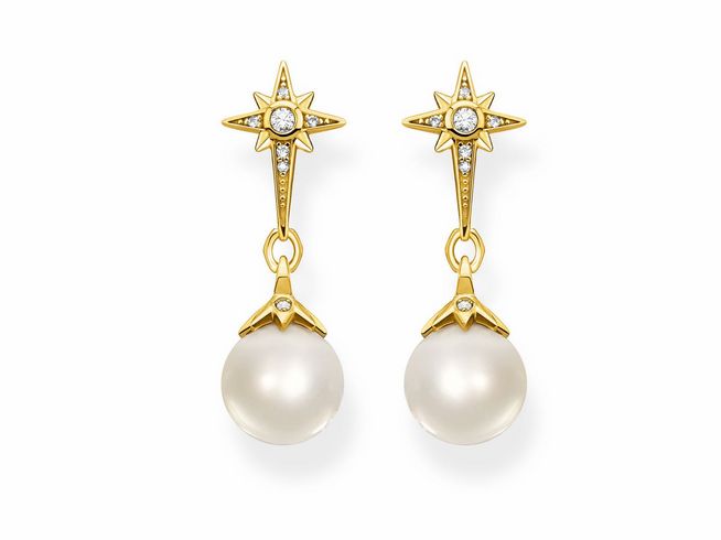 Ohrringe aus Gelbgold mit einem Sterndesign und einer großen Perle, verziert mit funkelnden Zirkonia, elegante Ohrhänger von Thomas Sabo H2118-445-14.