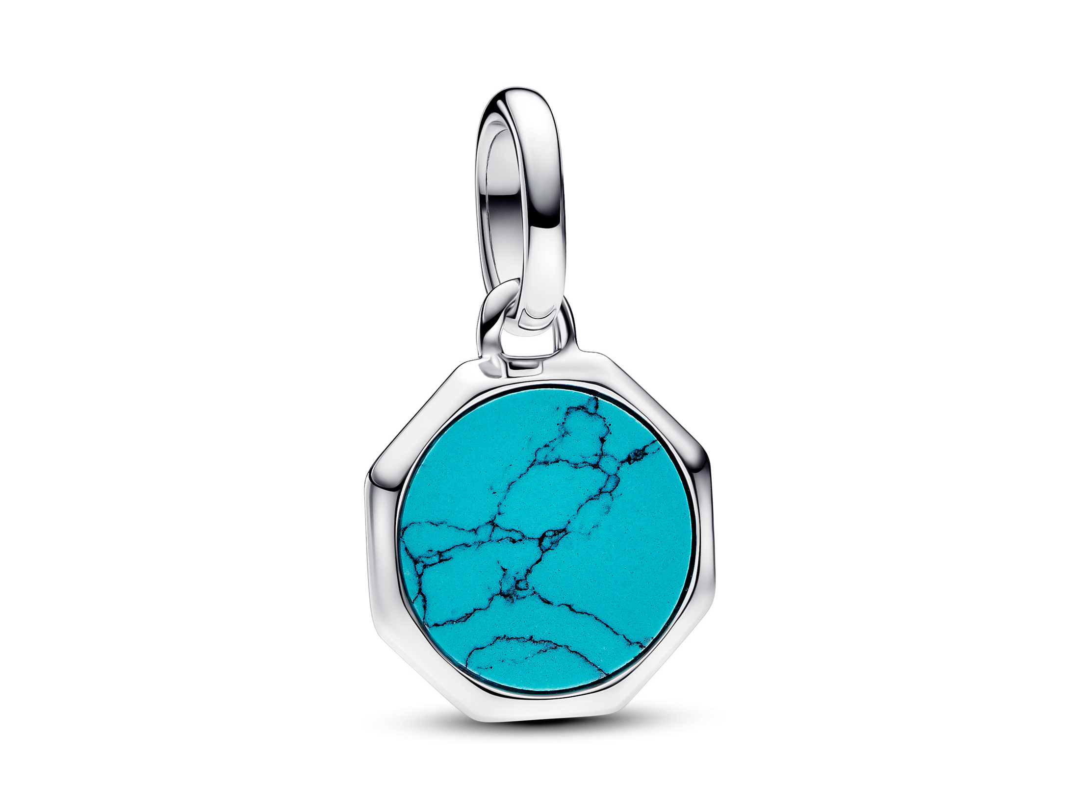 Türkisblauer Mini-Charm aus Sterling Silber mit synthetischem Türkis und feinen schwarzen Adern, ideal für das Pandora Me & moments Schmucksystem.