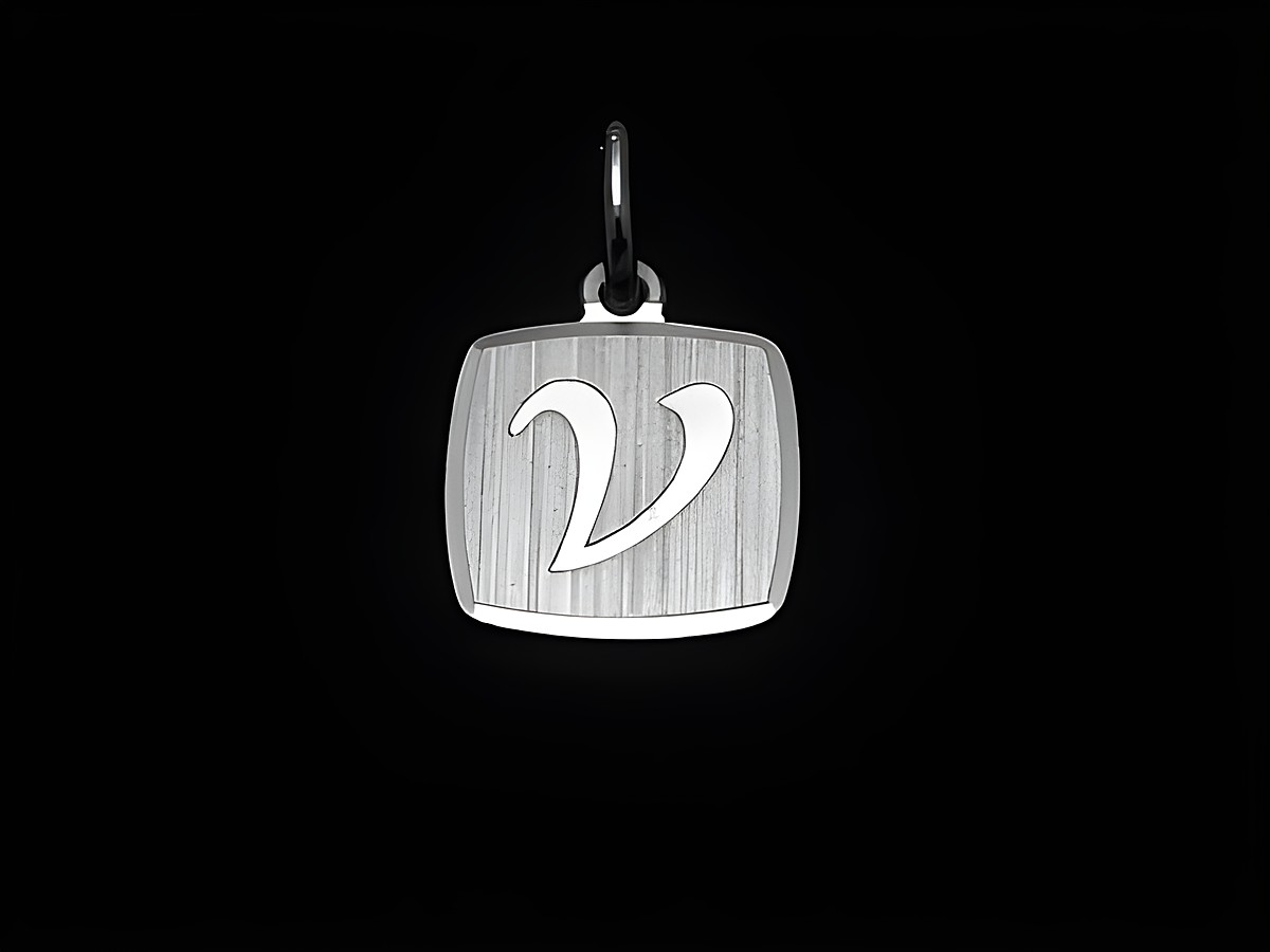 Buchstabe V Anhänger aus rhodiniertem Sterling Silber, mattiert, Hersteller Juwelier Harnisch, elegantes Design, ideal als persönliches Geschenk oder modisches Accessoire.