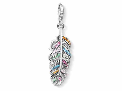 Silber Charm-Anhänger in Form einer Feder von Thomas Sabo mit bunten Steinchen, elegant und verspielt, ideal für individuelle Schmuckgestaltungen.