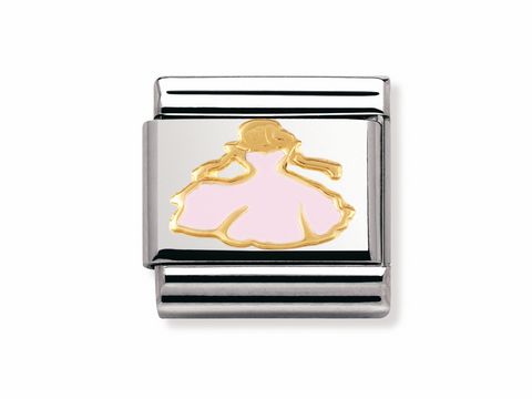 Prinzessin im rosa Kleid mit goldenem Detail, emailliert, auf einem silbernen Anhänger von Nomination, aus der Classic Fantasia Kollektion, für stilvolle Accessoires geeignet.