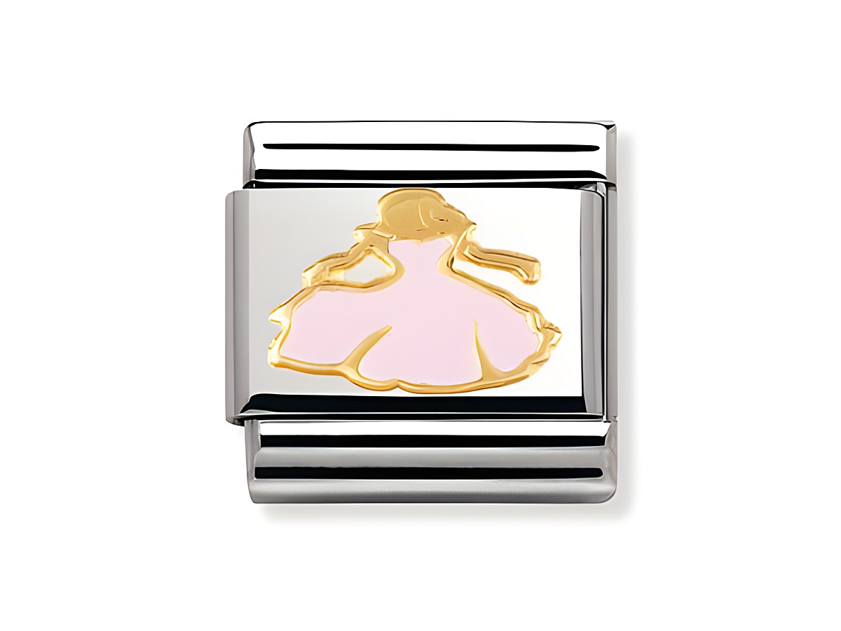 Prinzessin im rosa Kleid mit goldenem Detail, emailliert, auf einem silbernen Anhänger von Nomination, aus der Classic Fantasia Kollektion, für stilvolle Accessoires geeignet.