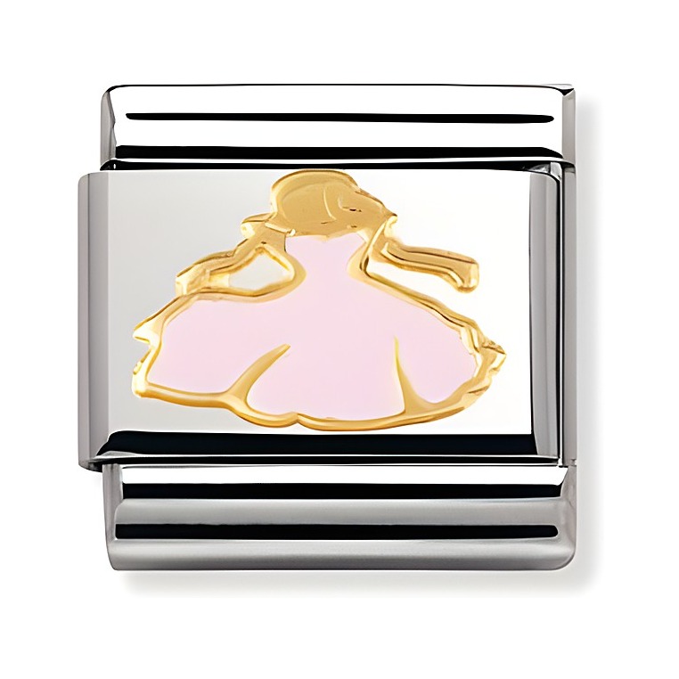 Prinzessin im rosa Kleid mit goldenem Detail, emailliert, auf einem silbernen Anhänger von Nomination, aus der Classic Fantasia Kollektion, für stilvolle Accessoires geeignet.