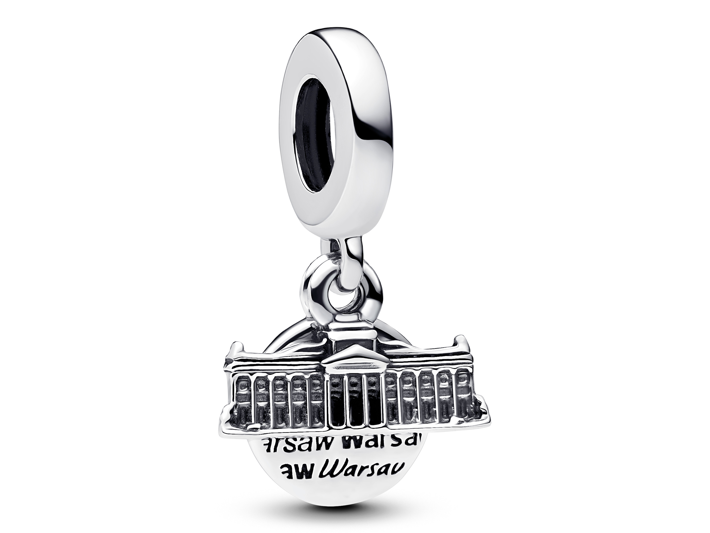 Doppelter Charm-Anhänger von Pandora aus Sterling Silber, zeigt den Lazienki-Palast in Warschau, detailreiche Darstellung und Beschriftung, ideal für Schmuckliebhaber.