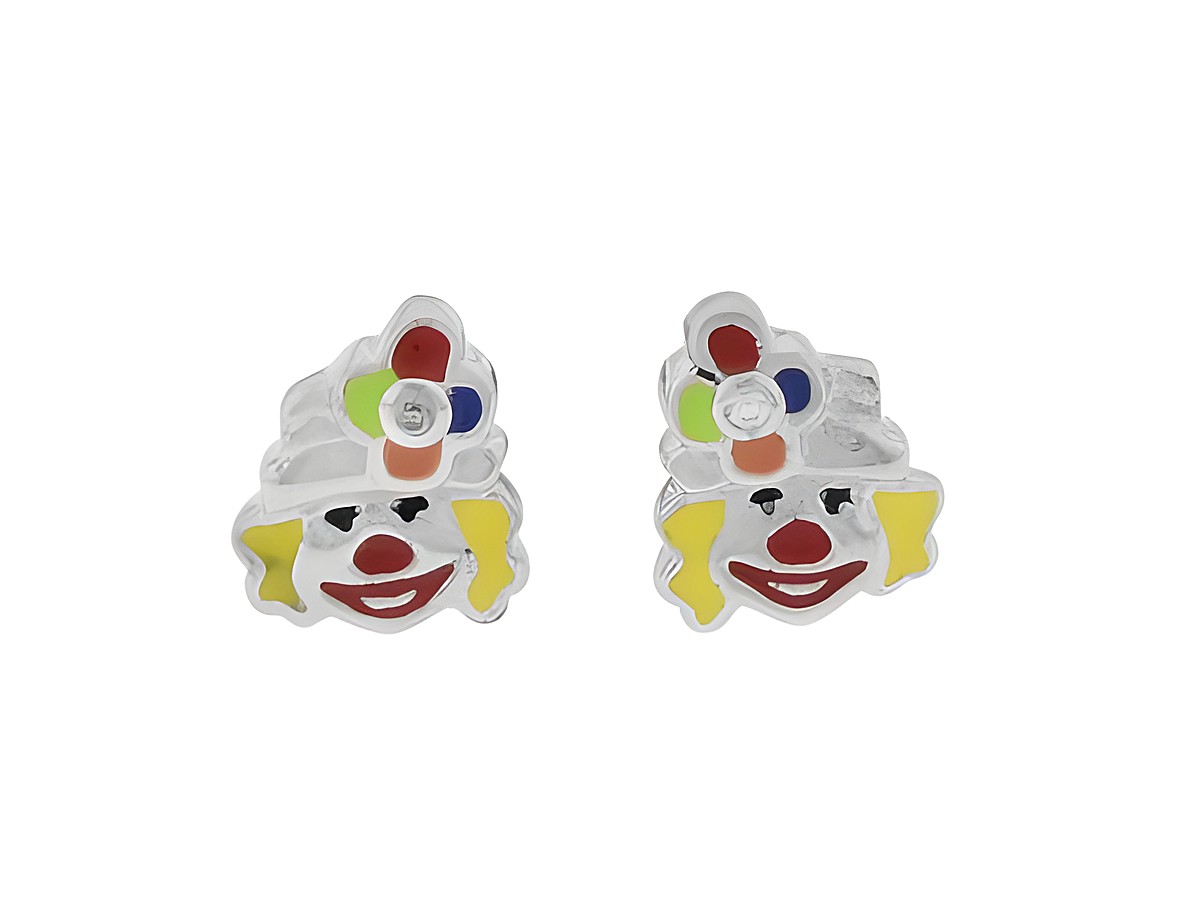 Silber Ohrringe in Clown-Design, rhodiniert mit buntem Lack und Zirkusmotiven, hergestellt von Juwelier Harnisch, ideal für Kinder.