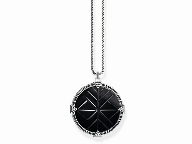 Kette von Thomas Sabo aus Sterling Silber mit schwarzem Achat-Anhänger in runder Form und Zirkonia, verstellbare Länge von 45 bis 50 cm.