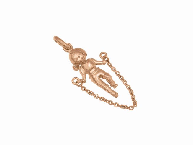 Anhänger Seilspringen aus Roségold vergoldetem Sterling Silber, gestaltet als spielendes Kind mit einer Kette. Ideal für sportbegeisterte Käufer von Juwelier Harnisch.
