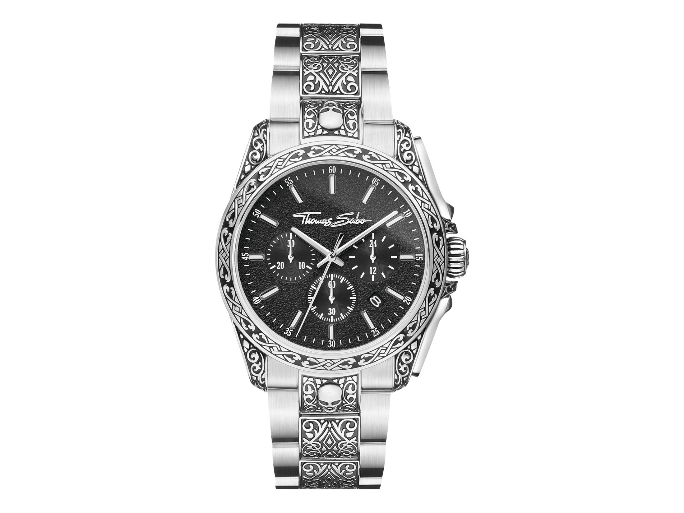 Thomas Sabo Uhr WA0377-201-203-41mm mit schwarzem Ziffernblatt und Totenkopf-Design, Edelstahlarmband, ideal für den rebellischen Stil. Hersteller: Pandora, Neuheiten.