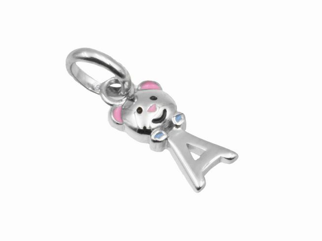 Teddy Anhänger Buchstabe A aus 925 Sterling Silber, poliert und rhodiniert, mit bunten Details, hergestellt von Juwelier Harnisch, ideal für Kinder.